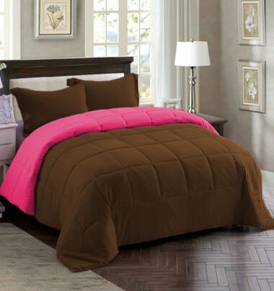 Couette 2 Places Double Faces Marron et Rose + 2 Taies D’oreillers Gratuits 220 X 240 cm