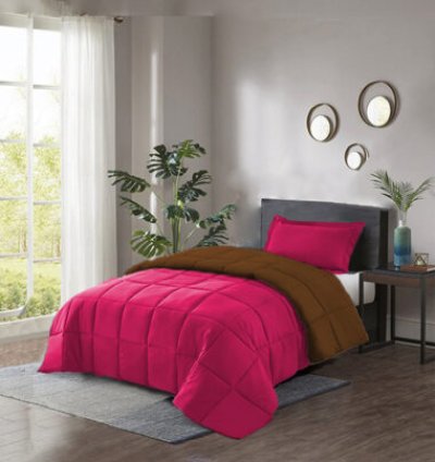 Couette 1 Place Double Faces Rose et Marron + 1 Taie D’oreiller Gratuit 160 X 220 cm