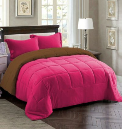 Couette 2 Places Double Faces Rose et Marron + 2 Taies D’oreillers Gratuits 220 X 240 cm