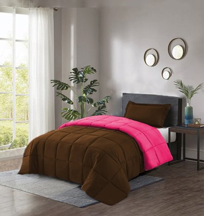 Couette 1 Place Double Faces Marron Rose + 1 Taie D’oreiller Gratuit 160 X 220 cm